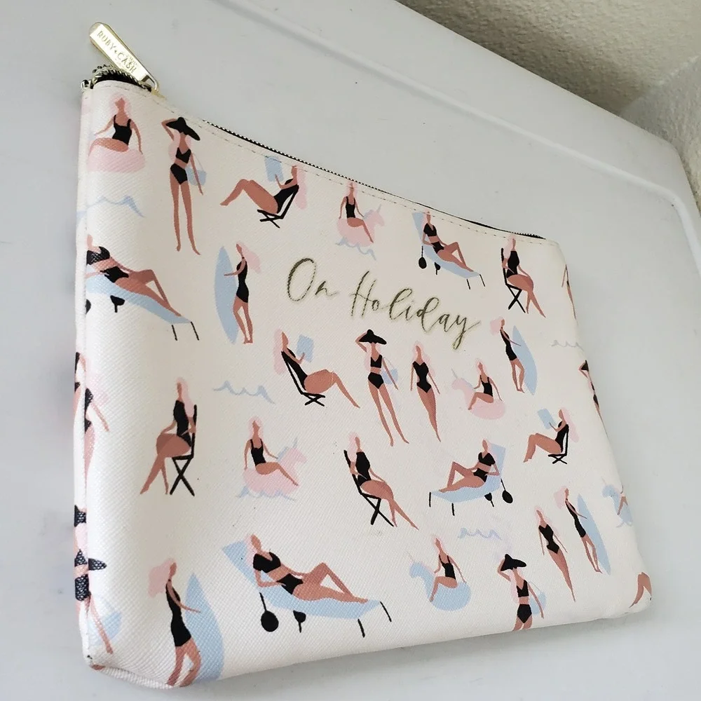 Ruby + Cash On Holiday Beach Print Makeup Bag Pouch Cream Gold Zipper